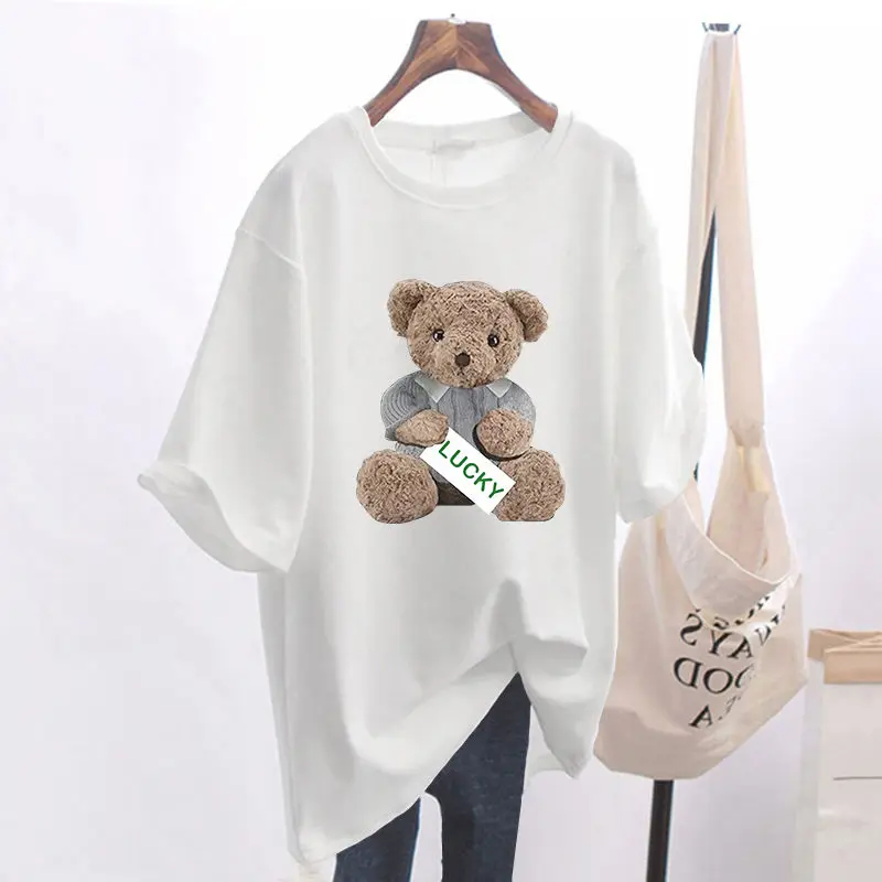 Women Clothing Vintage Loose Casual T-shirt, Summer 100% Cotton Fashion Basic Pullovers, Cartoon Printed Short Sleeve Top Tee