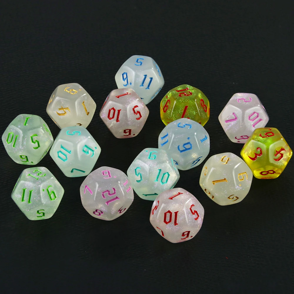다면체 D12 주사위 세트, RPG 반짝이/불투명 12 양면 주사위, RPG D & D 액세서리, 테이블 보드, 역할 놀이 게임 주사위, 10 개