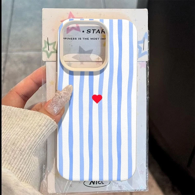 Minimalist Blue and White Striped Heart Pattern Phone Case
