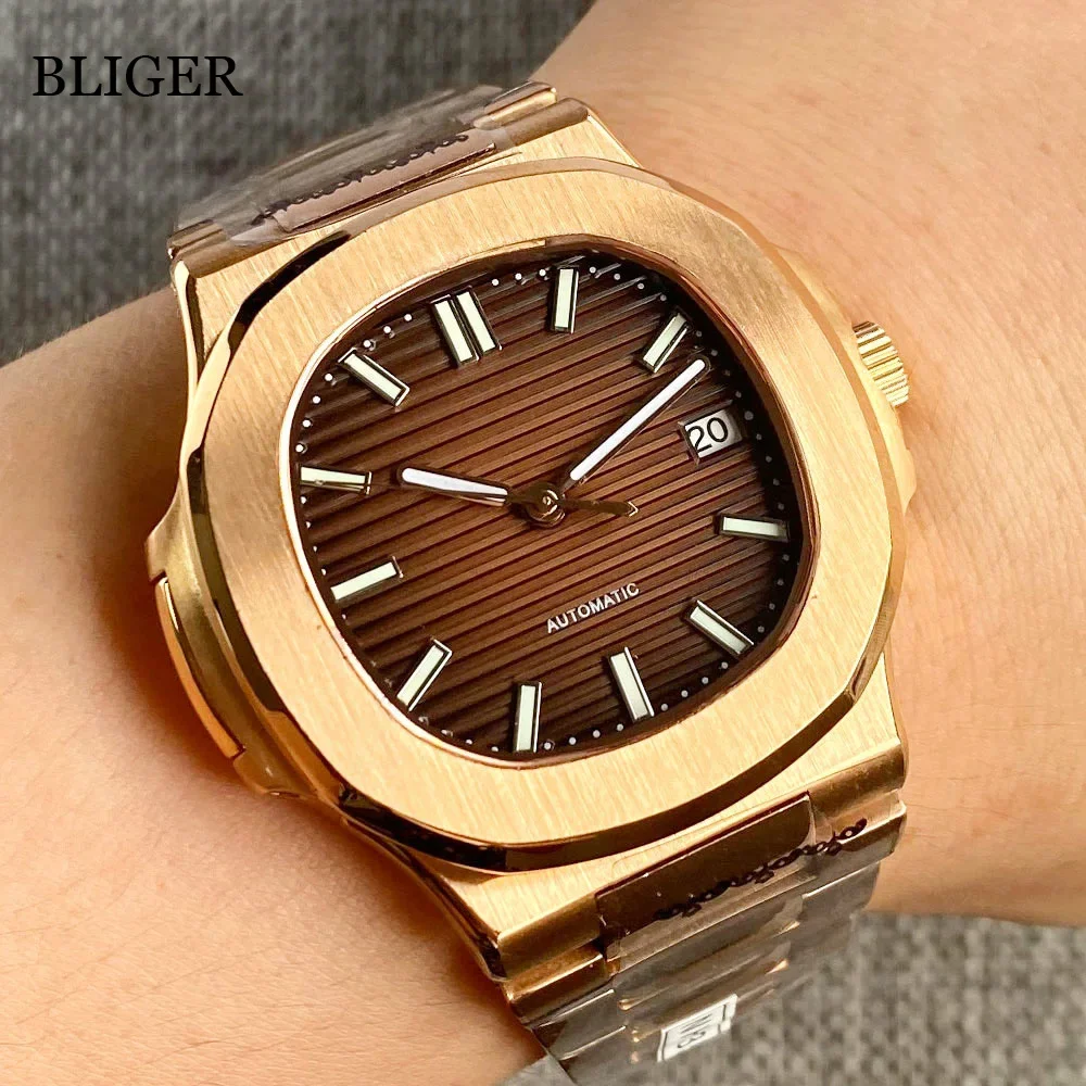 BLIGER NH35A PT5000 Rose Gold Dress Square Case Brown Dial Automatic Men Watch MIYOTA 8215 Sapphire Glass Luminous Index