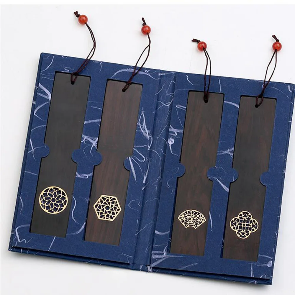 

4pcs Chinese Style Blackwood Wooden Bookmark Brass Window Grille Ornament Hollowed out Craft Luxury Gift For Bussiness Festival