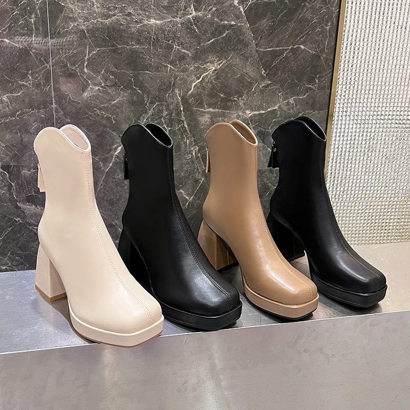 Women Boots Leather Square High Heel Ankle Boots Round Toe Winter Shoes Woman Warm Comfort Fashion Platform Zipper Boots Black