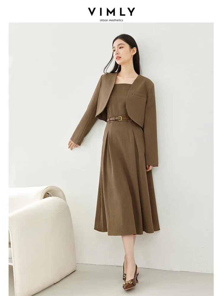 Vimly Coffee Elegant Blazer Suit Cropped Jacket A-line Pleated Midi Dress 2023 Autumn Winter New Office Lady Matching Sets M3967 vimly autumn blazer suit cropped jacket baggy pant 2 piece sets women outfit 2023 new in elegant office lady matching sets m3986