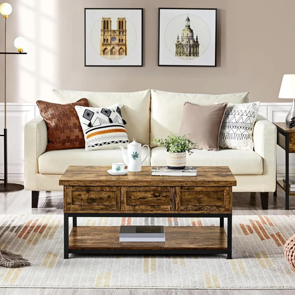 Rustic Lift Top Coffee Table w/Hidden Compartment & Open Shelf, Lifting Tabletop Coffee Accent Table for Living Room 4