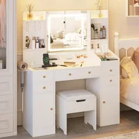Vanity Desk Mirror and Lights, Makeup Table Charging Station, 45in Vanity Set Comfortable Bench, Big Vanity 5 drawers 1