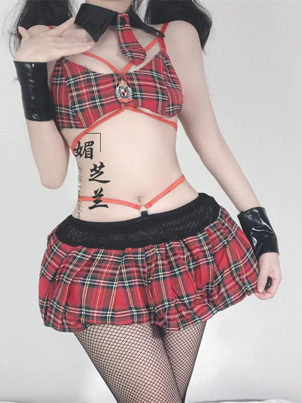 

Female Sexy Underwear Uniform Mature Charm Elegant Hollow Out Seduction Passion Pure Lattice Student Role Play Skirt Set NH9L