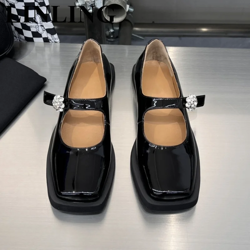 

Women's Square Toe Patent Leather Flats Fashion Crystal Buckle Strap Casual Shoes Designer Ladies Mary Janes Shallow Shoes Woman
