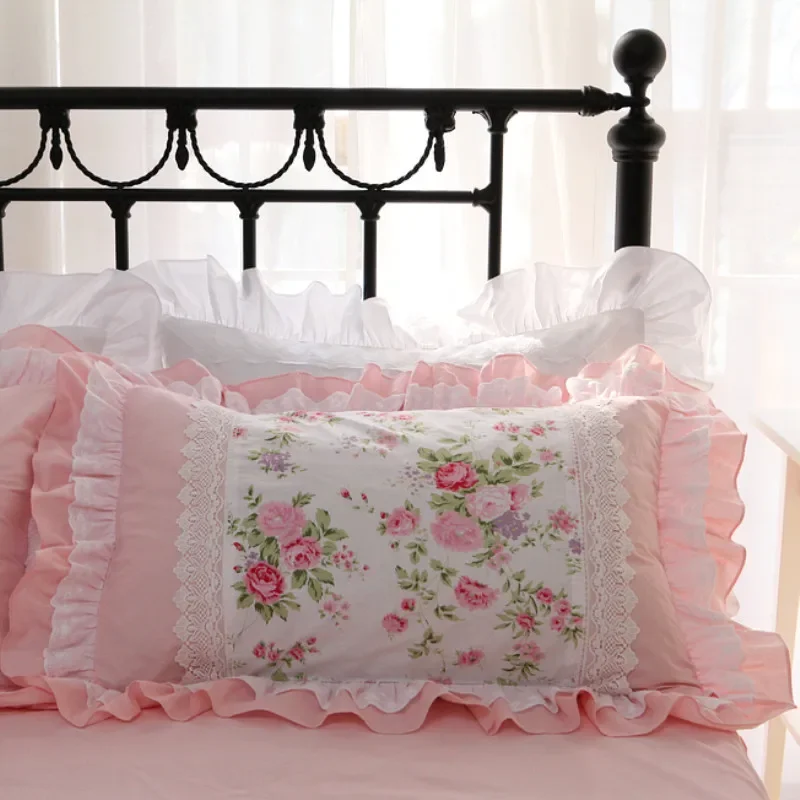 

2pcs rose print pillow case Embroidery ruffle lace pillowcase 100% cotton pillow cover bed pillow cases pillow sham pillowcover