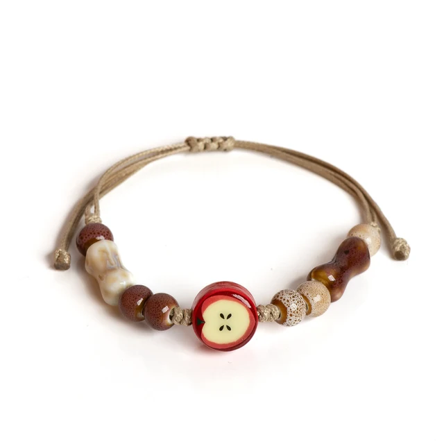Handmade Apple Ceramic Bracelet Adjustable Woven Cord Cute Cartoon Style Jewelry for Gifts