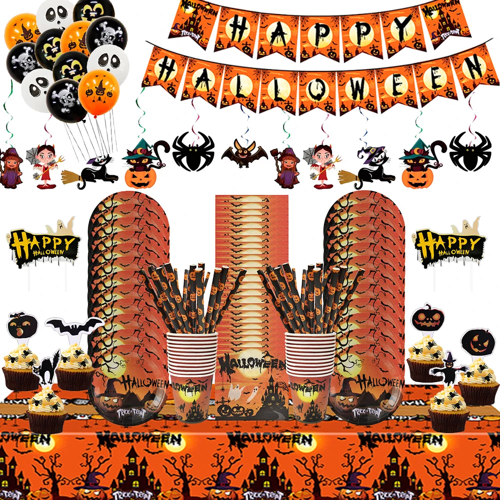 Halloween Disposable Tableware Pumpkin Plate Cups Straws Napkin Castle Ghost Happy Halloween Party Table Decoration Supplies