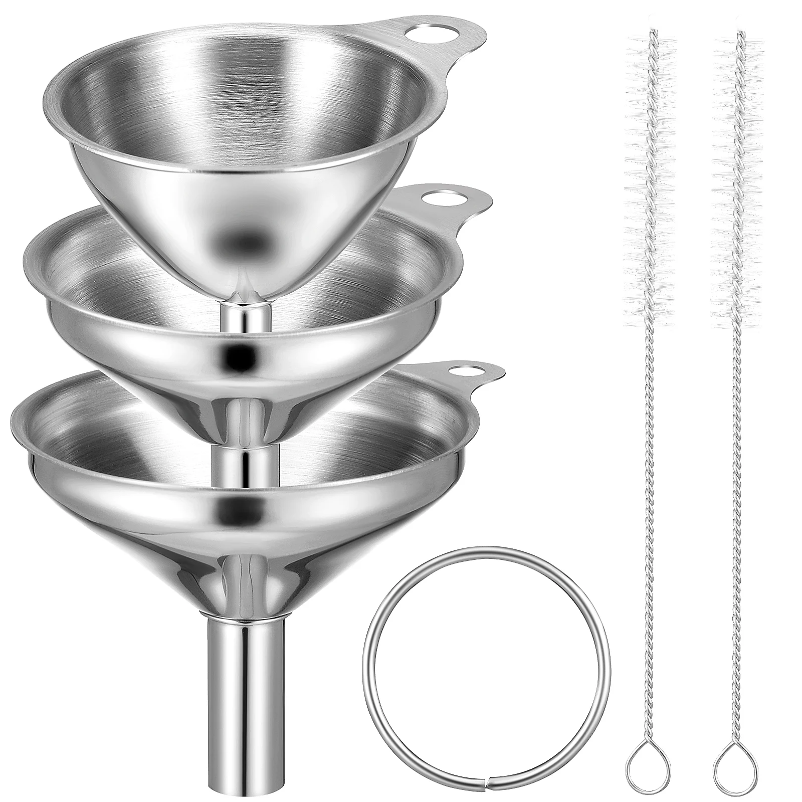 

Metal Stainless Steel Funnel Set Kitchen Food Grade Strainer Cleaning Brushes Filling Bottles Transferring Liquid Oil Juice Milk