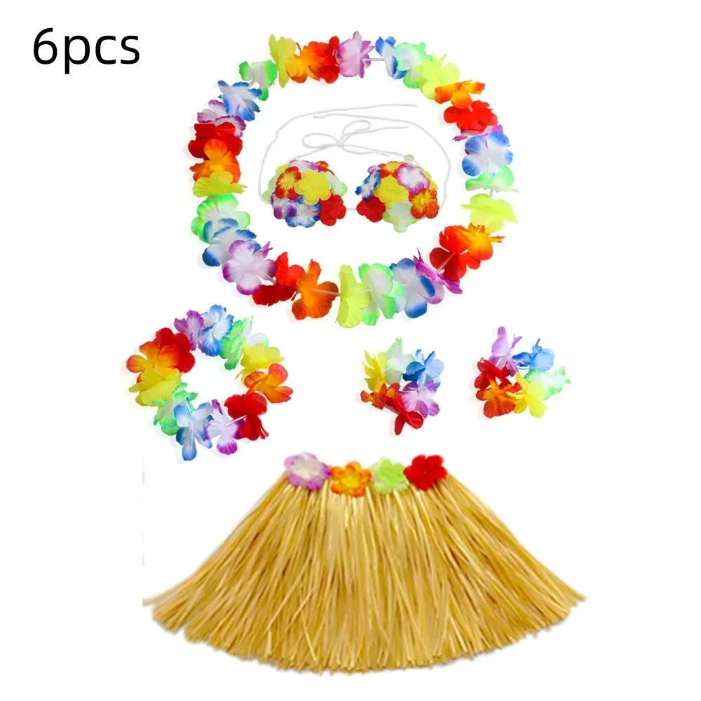 Hawaiian Dance Child Skirt Costume Leis Elastic Luau Grass Hawaiian Flower Bracelets Headband Necklace 40cm 5pcs 6Pcs