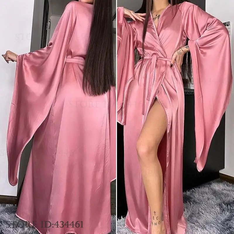 Fashion Wedding Long Robe Dress Women's Homewear Silky Satin Big Sleeve Kimono Gown Bathrobe Loungewear Loose Casual Nightgown - 2
