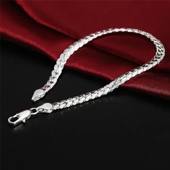 925 Sterling Silver Bracelet 6mm 18cm Flat Side Chain Lobster Clasp For Woman Man Wedding Engagement Jewelry Silver Bracelet