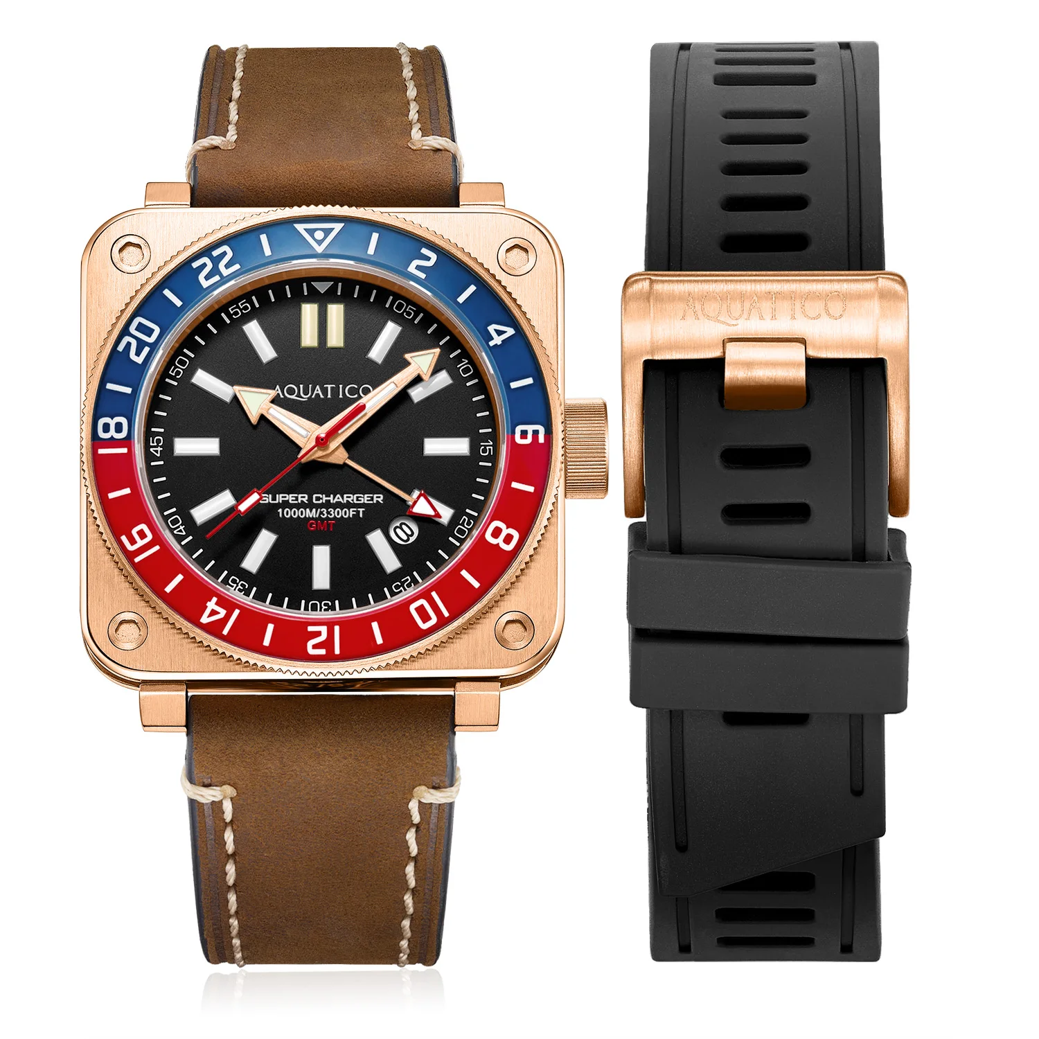 Aquatico Super Charger Gmt Watch (Quadrante Nero Pepsi Bezel)