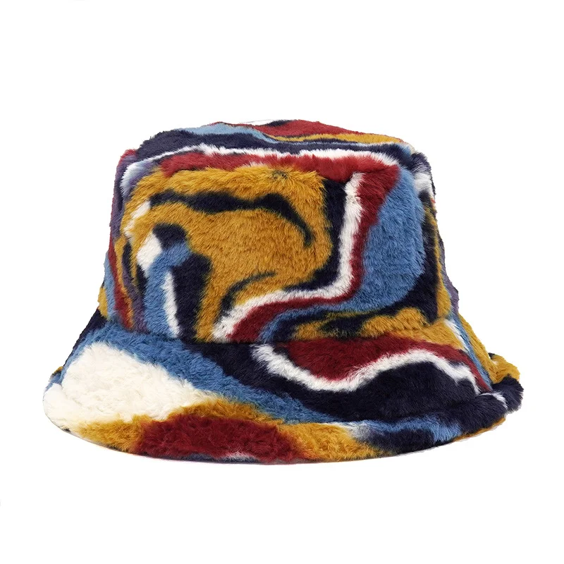 Winter Bucket-Hats Fluffy Fur Men Women Panama Hat Fashion Warm Fisherman Cap Letter Rainbow Houndstooth Leopard Printed fisherman hat bucket hats