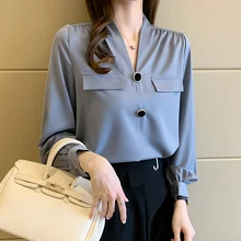 

Pleated Solid Women Shirt V Neck Buttons Satin Long Sleeve Fake Pockets Office Ladies Fashion Spring Korean Style Top Blouse