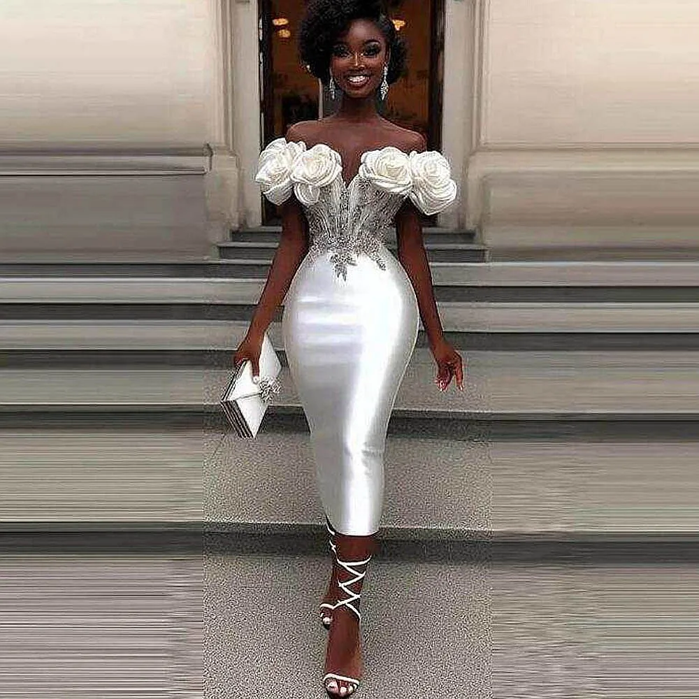 Aso Ebi Prom Dresses Women Birthday Wear Off Shoulder Mermaid Cocktail Dress Appliques Handmade Flowers Wedding Party Gowns