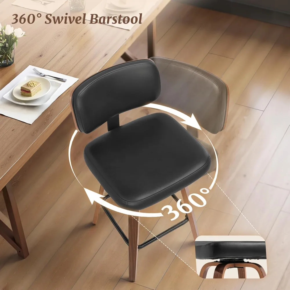 Set of 4 Swivel Counter Height Bar Stools – Mid-Century PU Leather, Walnut Legs 5