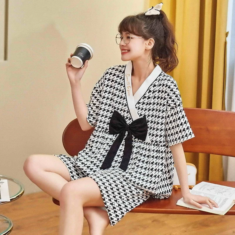 Big Size Women's Clothing Cotton Pajamas Set Summer Home Suit V Neck Japan Style Kimono Sleepwear conjuntos de pijama