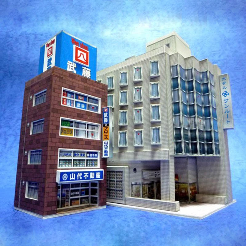 1:150 N-Scale Japanese Building Diorama 3D Paper Model Scene DIY Handmade Ornaments Real estate agencies and financial companies