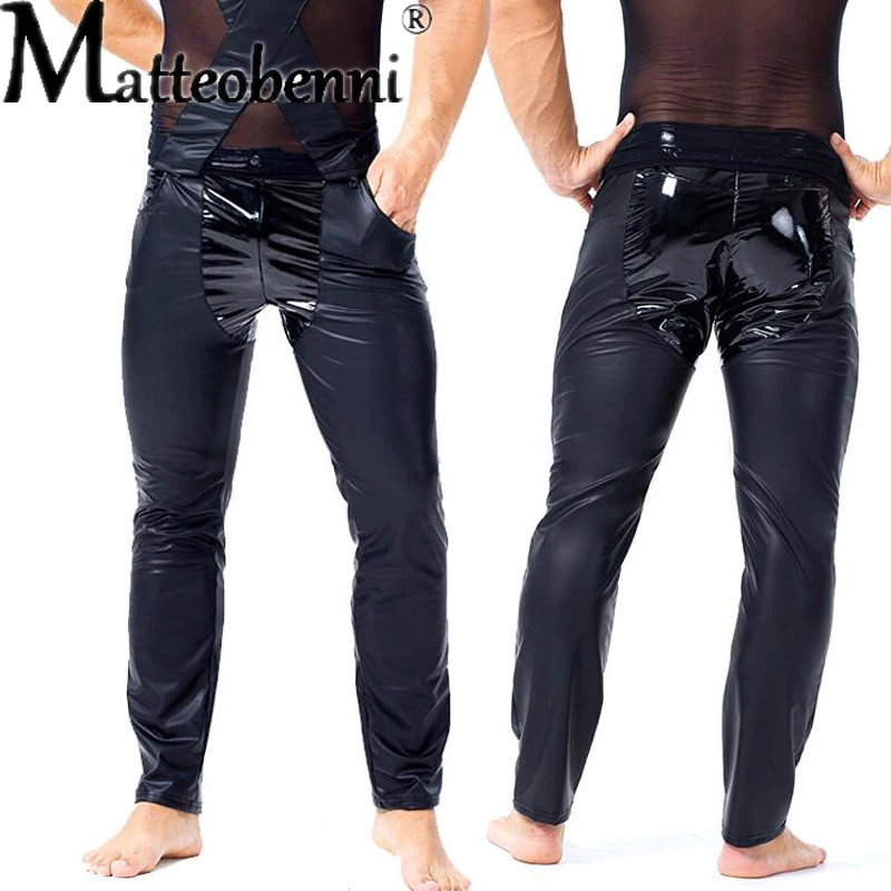

Men Black Pockets Pants Shiny Patent Leather Pants Slim Fit Long Trousers Sexy Nightclub Dancing Rock Costumes Erotic Lingerie