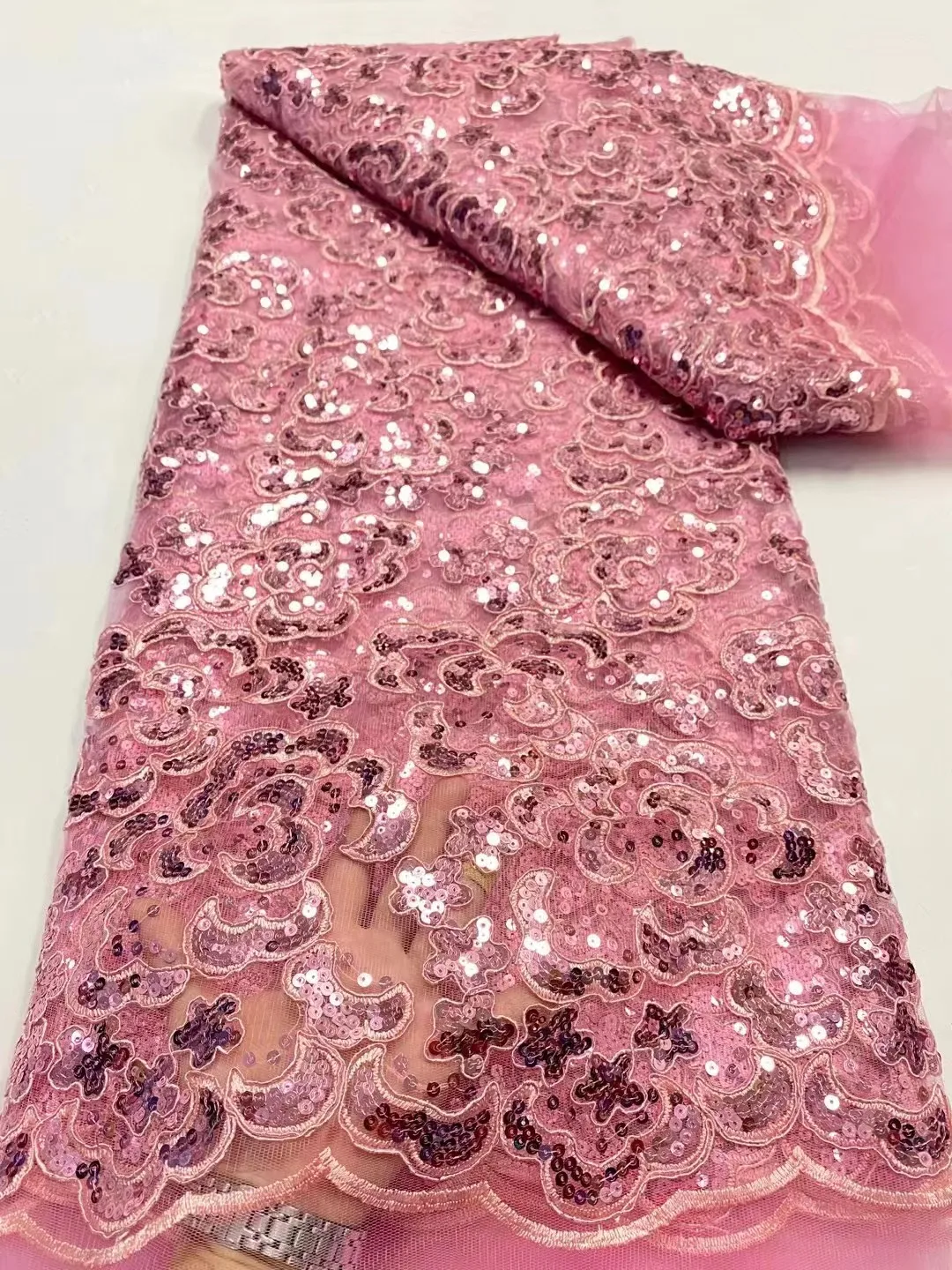 

Pink Latest African Lace Fabric 2023 High Quality French Mesh Lace Fabric Embroidered Sequins For Wedding Dress
