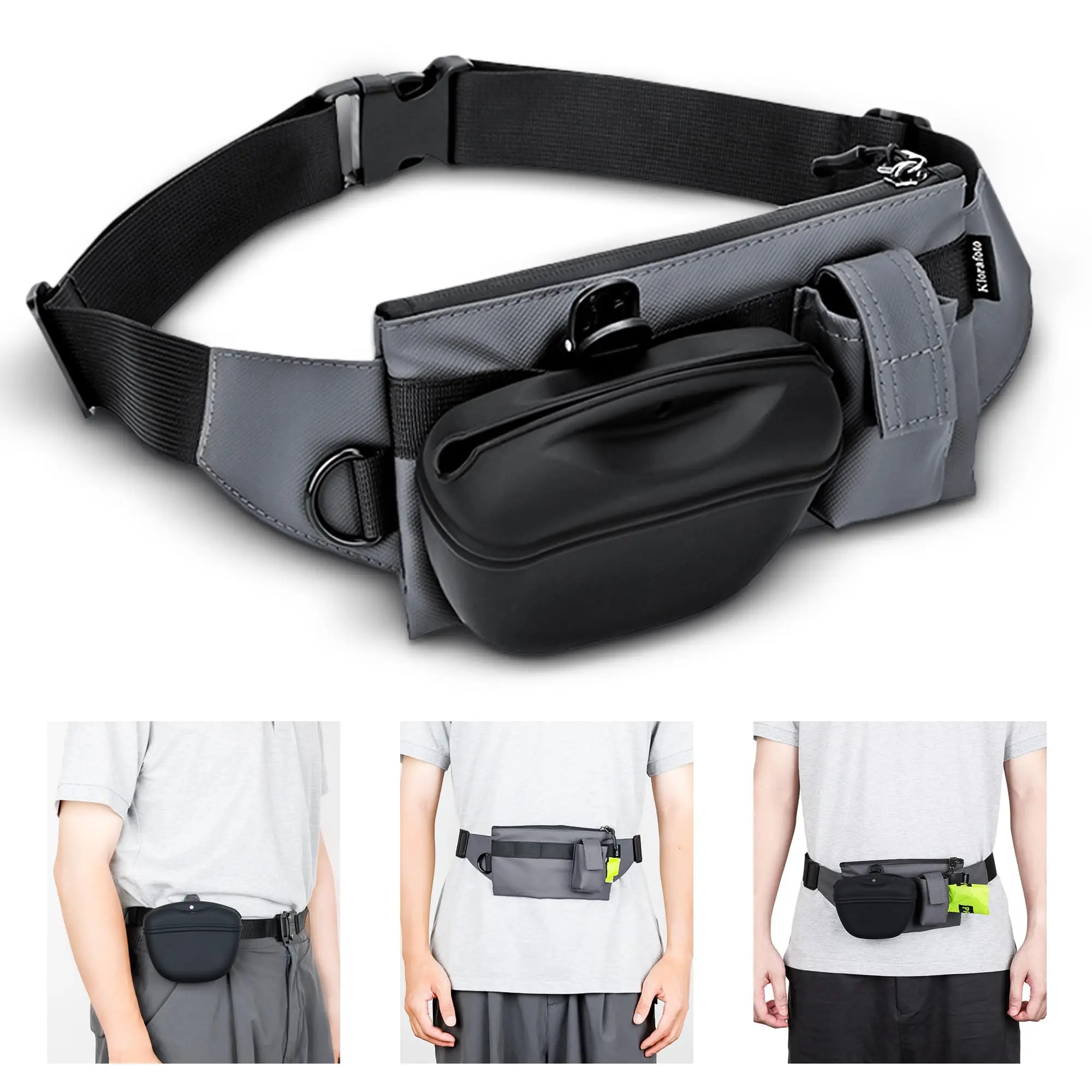 A high-resolution studio shot of the gray and black dog walking waist pack, with three small thumbnail images below showing the bag being worn on the side, front, and with the green poop bag dispenser visible.