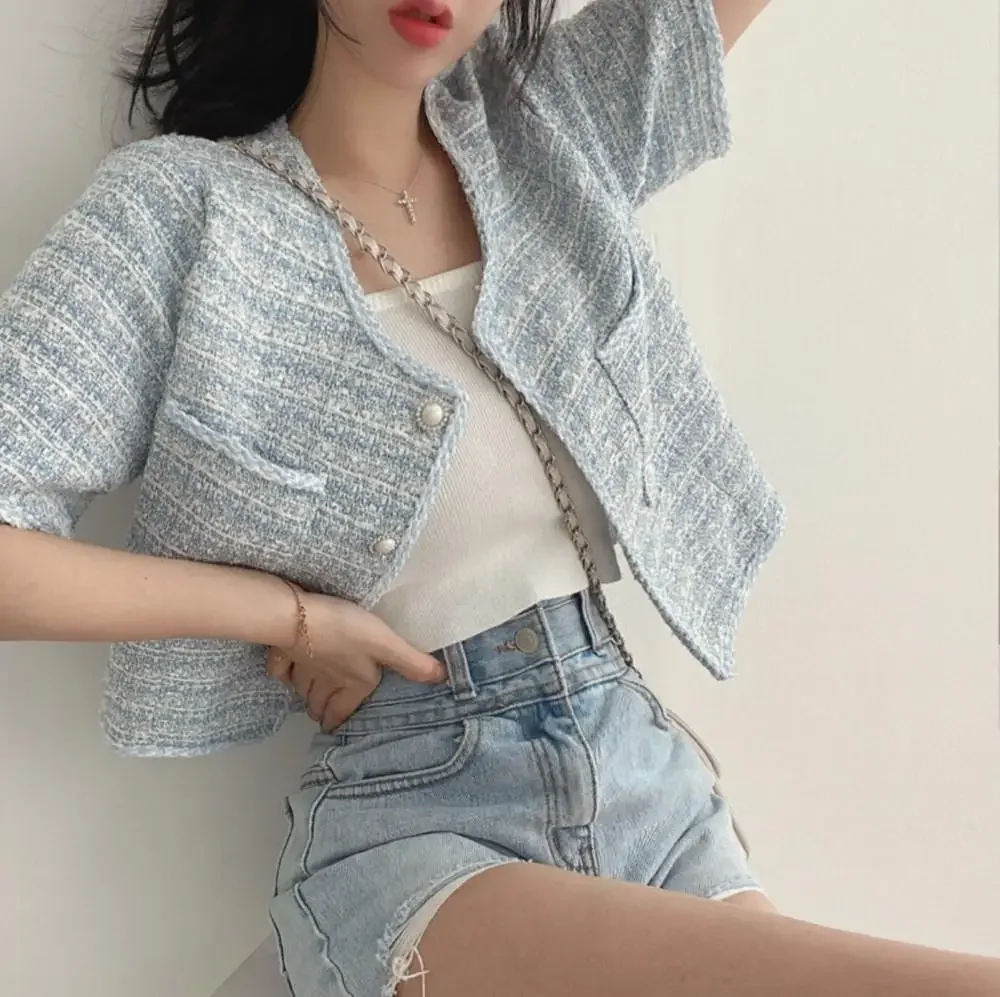 Korean Style Tweed Cardigan - Pearl Button Short Sleeve Summer Jacket