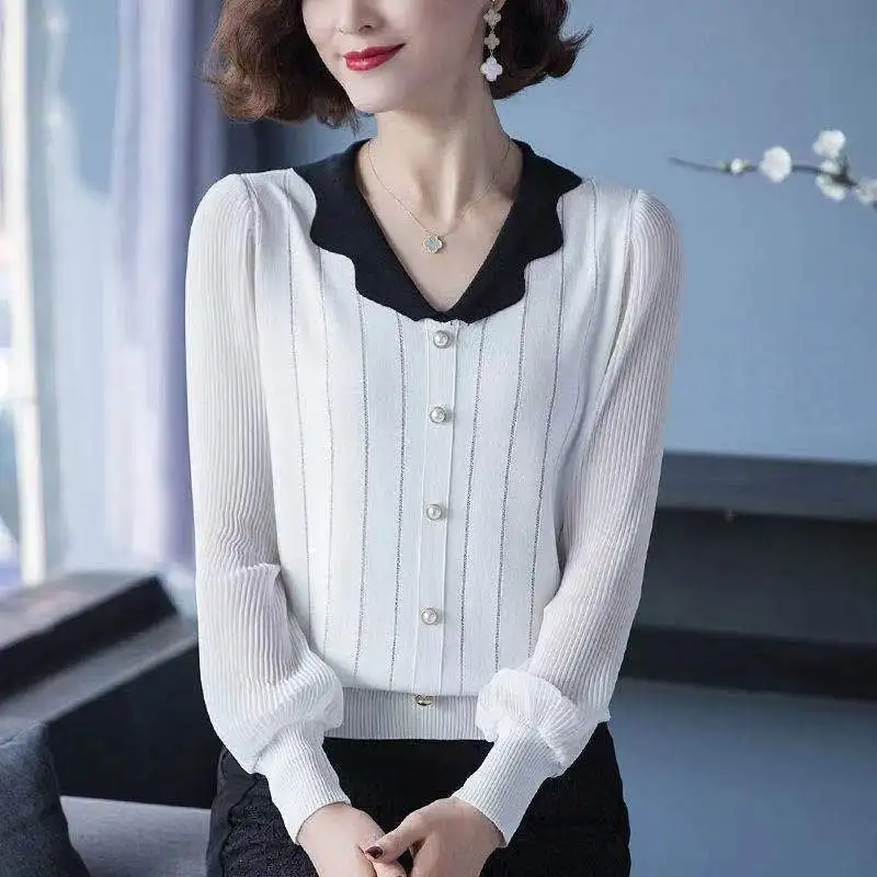 Elegant V-Neck Knitted Button Spliced Ruffles Blouse Women's Clothing 2023 Spring New Casual Pullovers All-match Commute Shirt