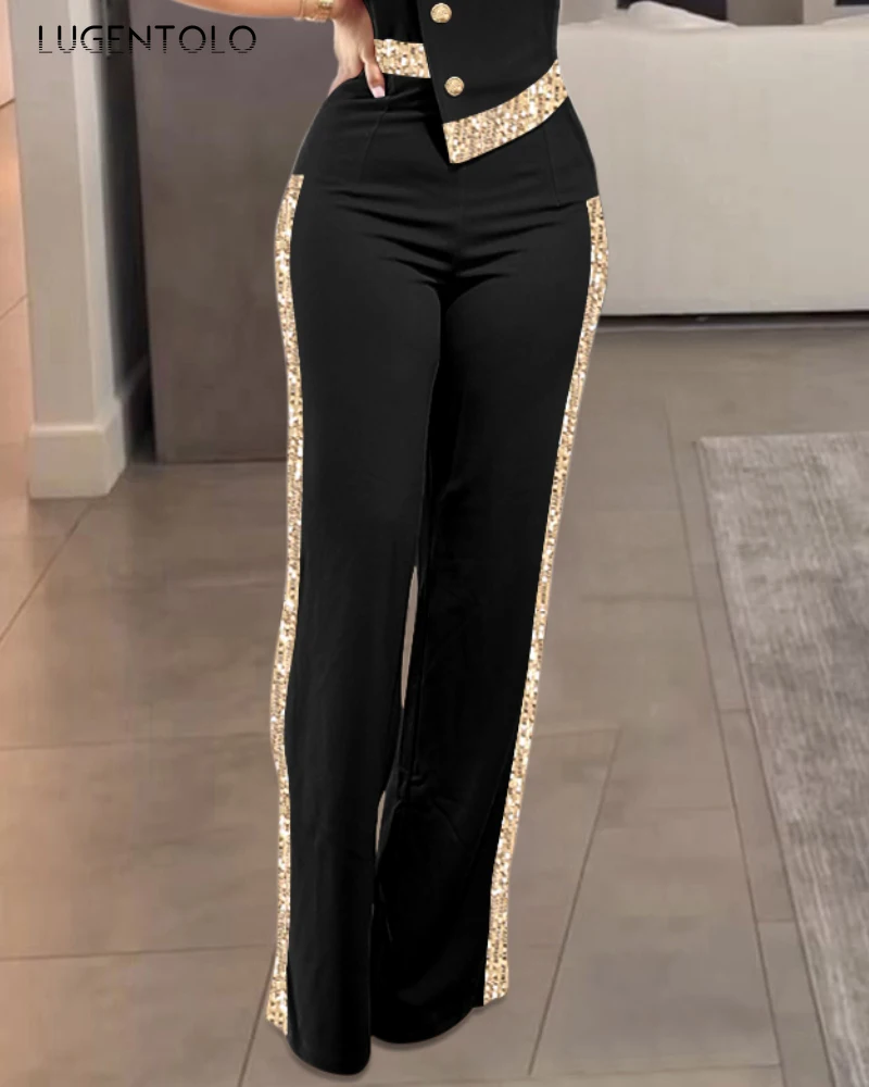 بدلة قفز نسائية مثيرة بدون حمالات بدلة قفز أنيقة للحفلات  بأزرار ديكور غير رسمية واسعة الساق