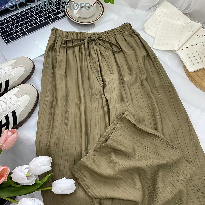 New High Waisted Pants for Women Solid Korean Fashion Drawstring Wide Leg Pants Ladies Casual Full Length Pants
