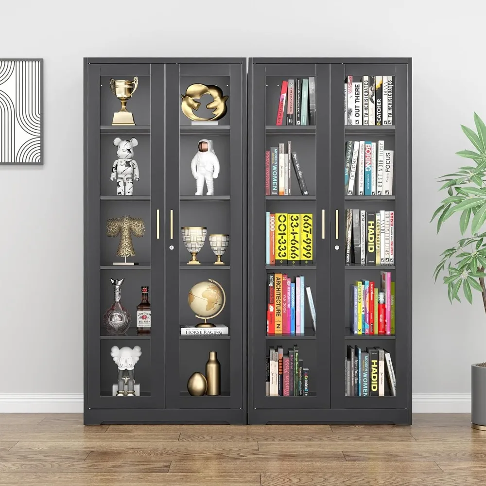 Display Cabinet with Glass Doors, Black Curio Cabinet with Lock, 71“ Tall Display Case for Living Room, Bookcase for Home, Clini 2