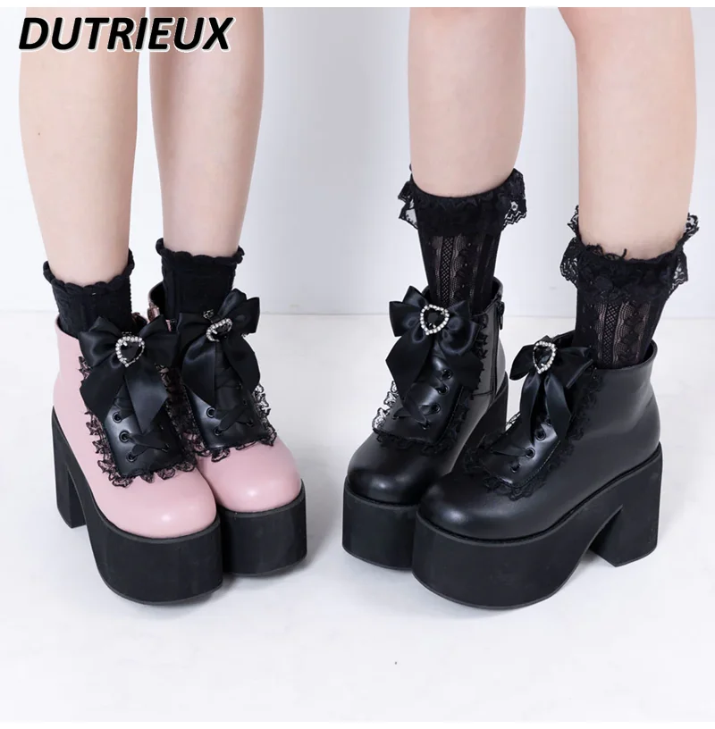 

Japanese Style Lolita Shoes Sweet Lace Edge Rhinestone Bow Platform Martin Boots Female Black Short Boots for Girls Women Shoes