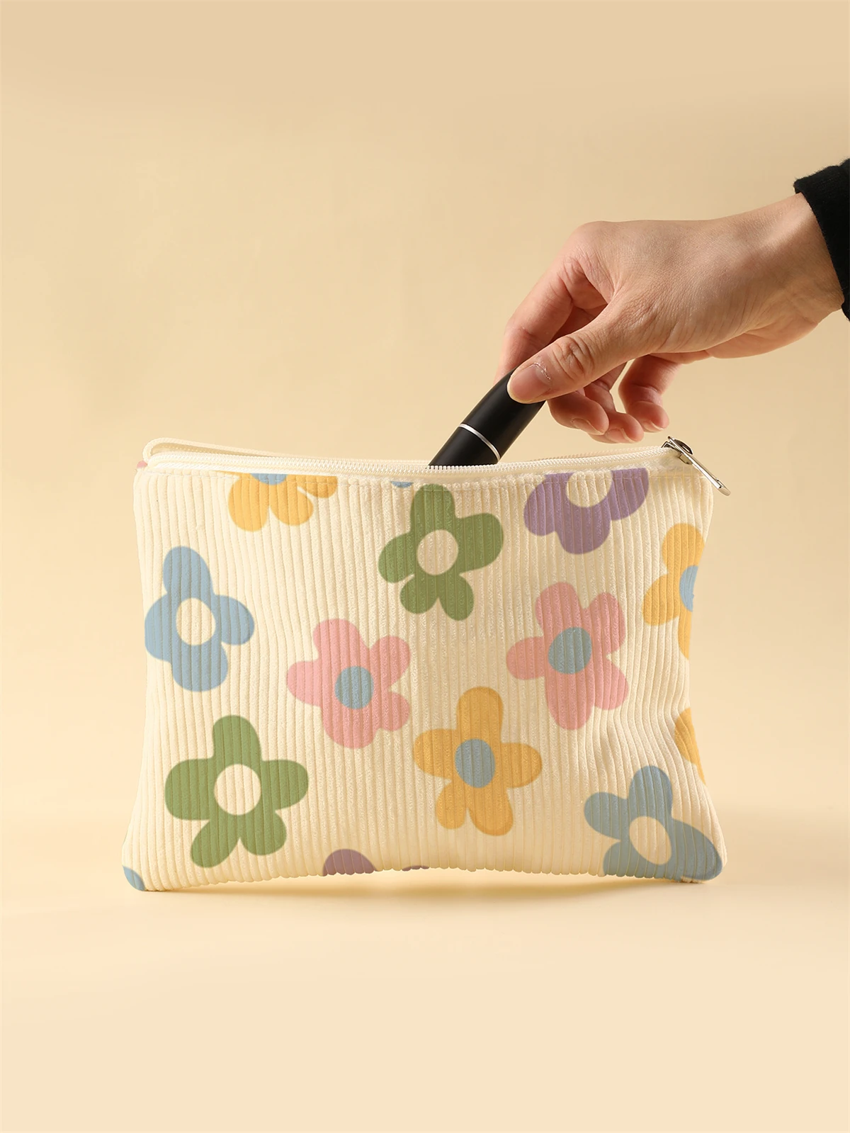 Women's Corduroy Travel Cosmetic Bag Portable Large Capacity Makeup Storage Organizer Zipper Clutch Purse Make up Bag