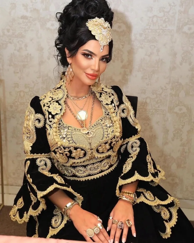 Traditional Albanian Black Prom Occasion Dresses Long Sleeve Jacket Gold Lace Embroidery German Kosovo Evening Gown customsized