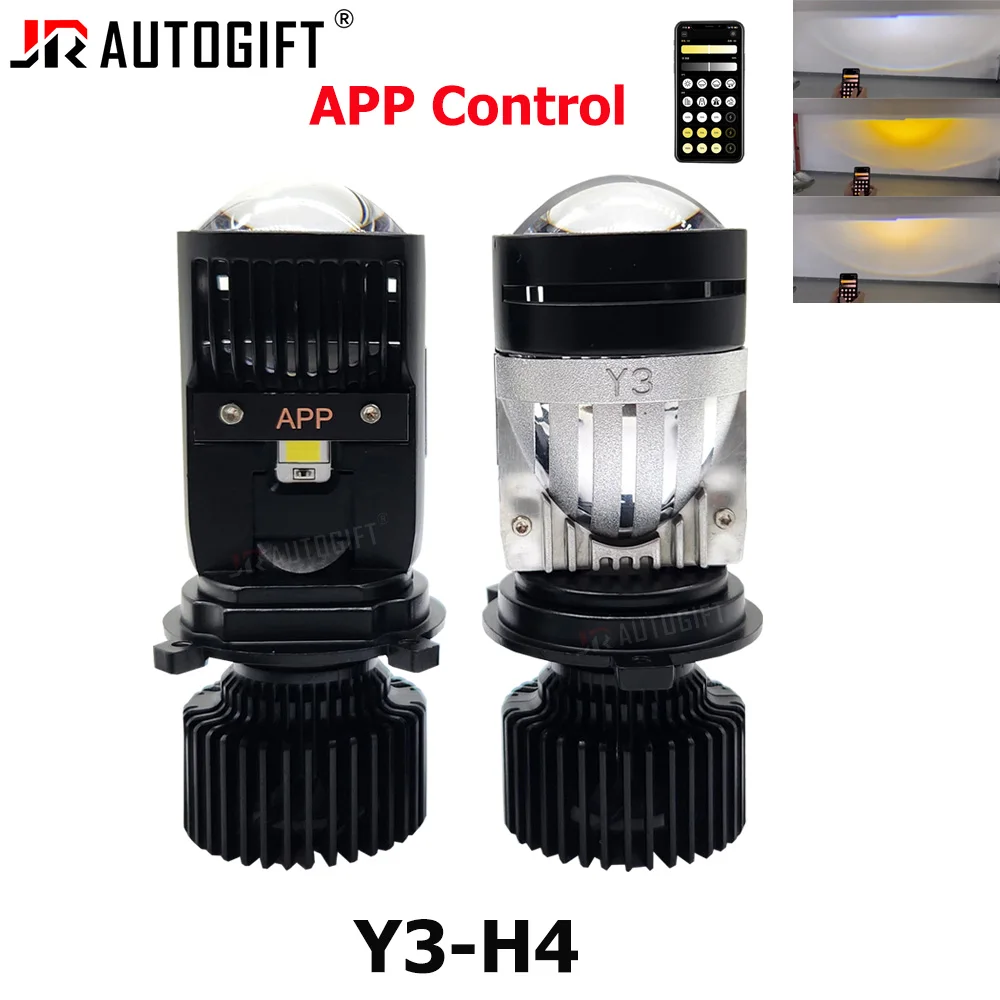 2PCS Y3 APP H4 LED 헤드라이트 자동차 H4 미니 프로젝터 렌즈 3000K-6000K 임의 조광 DIY 컬러 앱 제어 상향등/하향등 3색