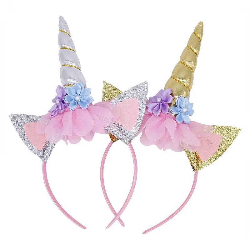Girl Baptism Birthday Headband Horn Gold Glittery Artificial Flowers Ears Headwear Princess Unicorn Theme Baby Shower Party Gift
