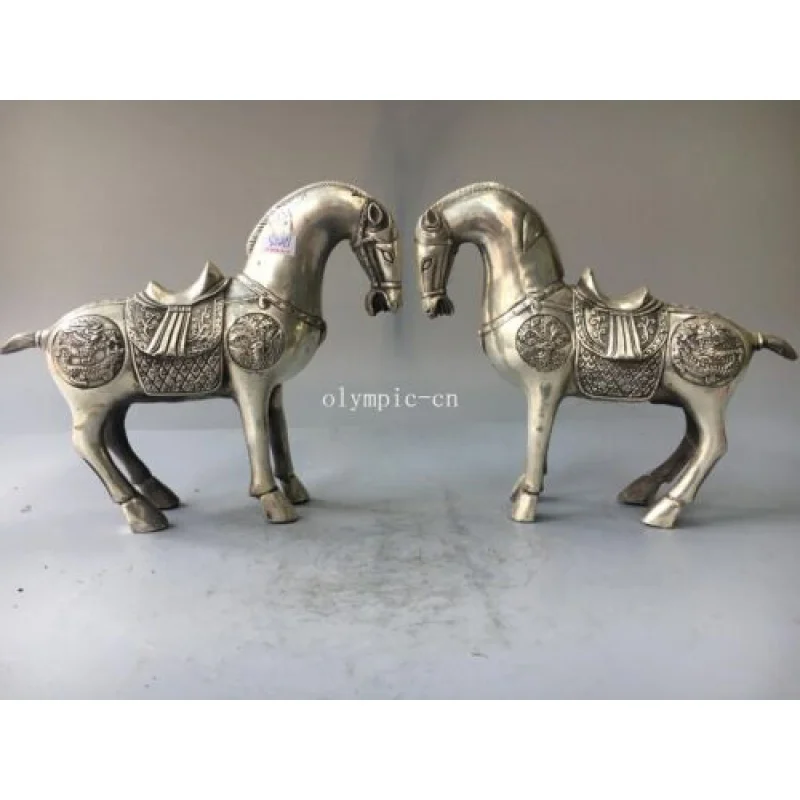 

Pair 25CM tibetan bronze silver carved dragon design tang war-horse horse statue