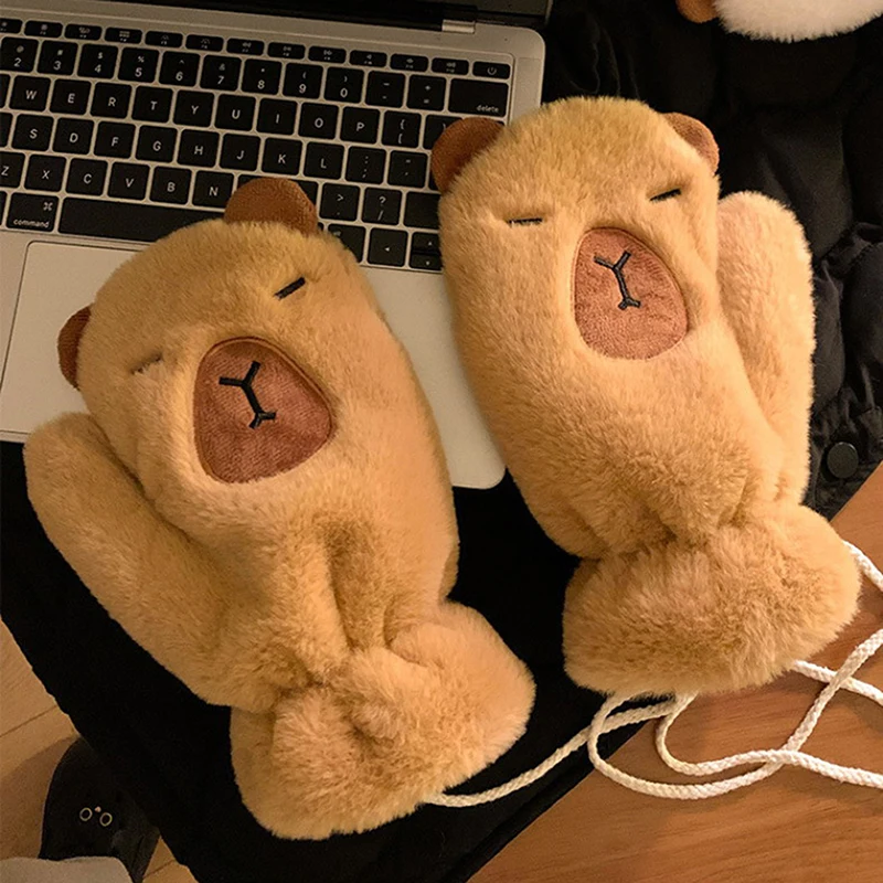 Cute Capybara Plush Scarf Cold-proof Warm Glove Scarf Sweet Windproof Thickened Cross Neck Glove Fashion Accessories Girl Gift