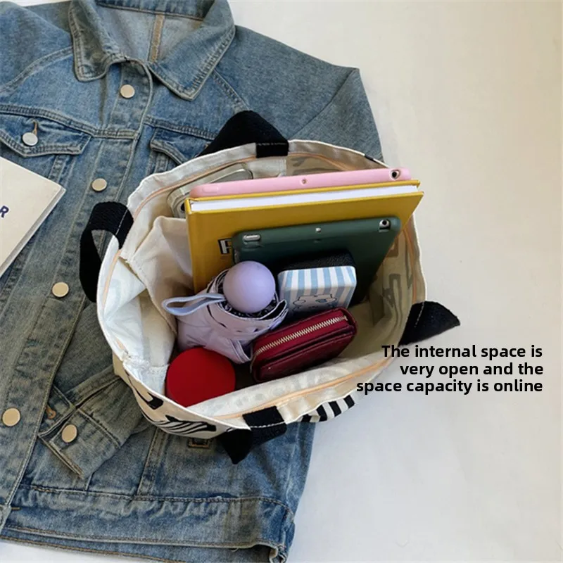 Fashion Printed Striped Canvas Bag, Large Capacity Lining Handbag, Campus Student Backpack, Youth Daily Shopping Literary Use