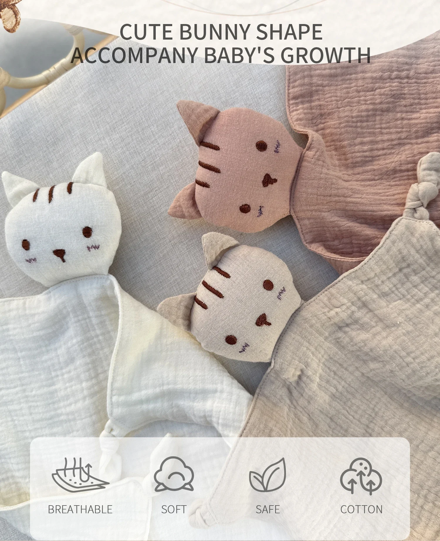 Soft Cotton Muslin Baby Bib Stuffed Cat Doll Newborn Appease Towel Security Blanket Baby Sleeping Cuddling Towel Facecloth