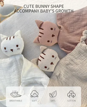Soft Cotton Muslin Baby Bib Stuffed Cat Doll Newborn Appease Towel Security Blanket Baby Sleeping Cuddling Towel Facecloth 1