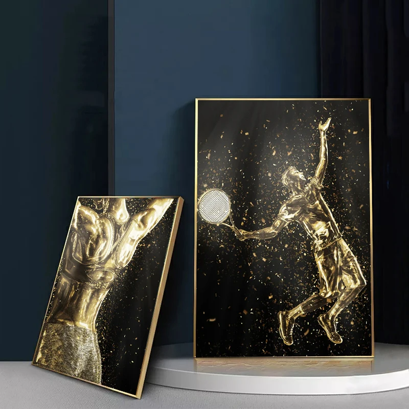 

Tennis Player Golden Statue Sports Posters and Print Fitness Art Canvas Painting Exercise Wall Decor Picture for Home Room Decor