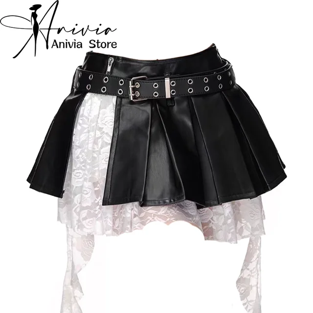Femmes noir gothique épissé dentelle bord a-ligne Mini jupe Y2K Harajuku années 2000 Style académie rétro mignon jupe courte vêtements 2024 1