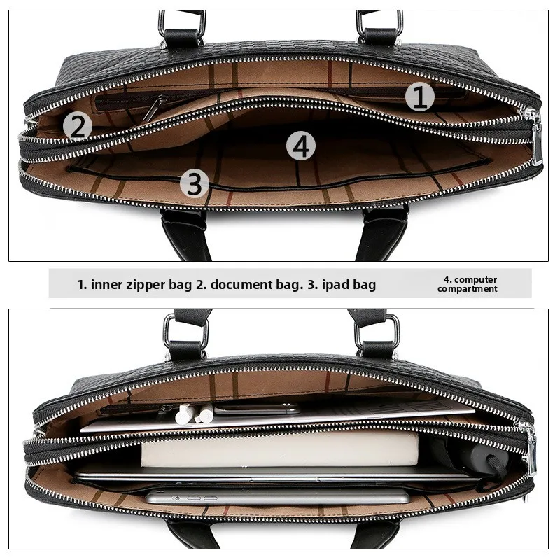 Men's Business Briefcase Laptop Bag Large Capacity Double Zipper File Satchel Shoulder Bag