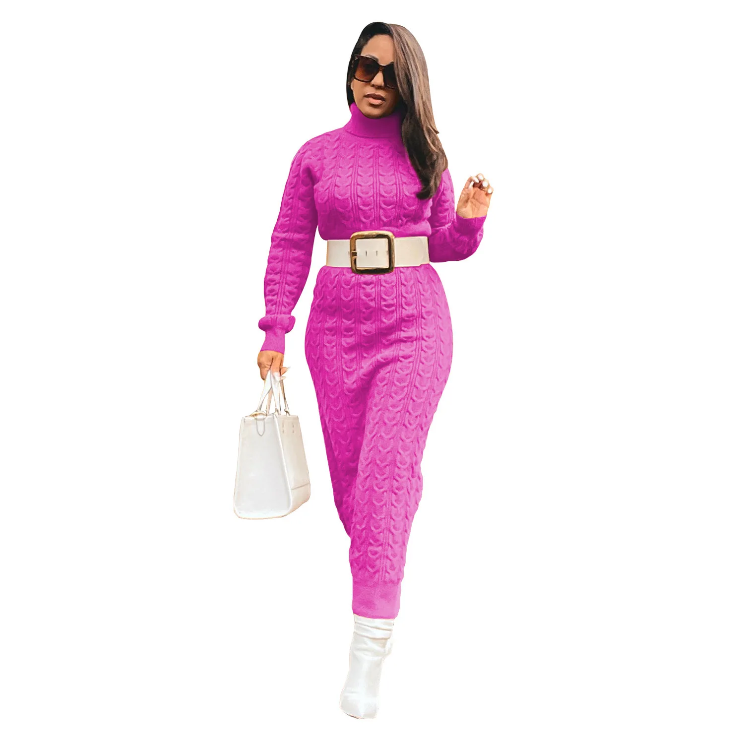 

Solid Color Knitted Sweaters Midi Dress Women Long Sleeve Turtleneck Autumn Winter Stretchy Bodycon Vestidos Casual Wear