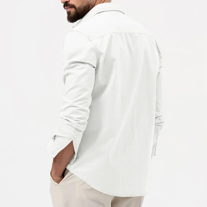 2024 summer Europe and the United States vintage cargo men's advanced multi-pocket solid color leisure sports long-sleeved shirt