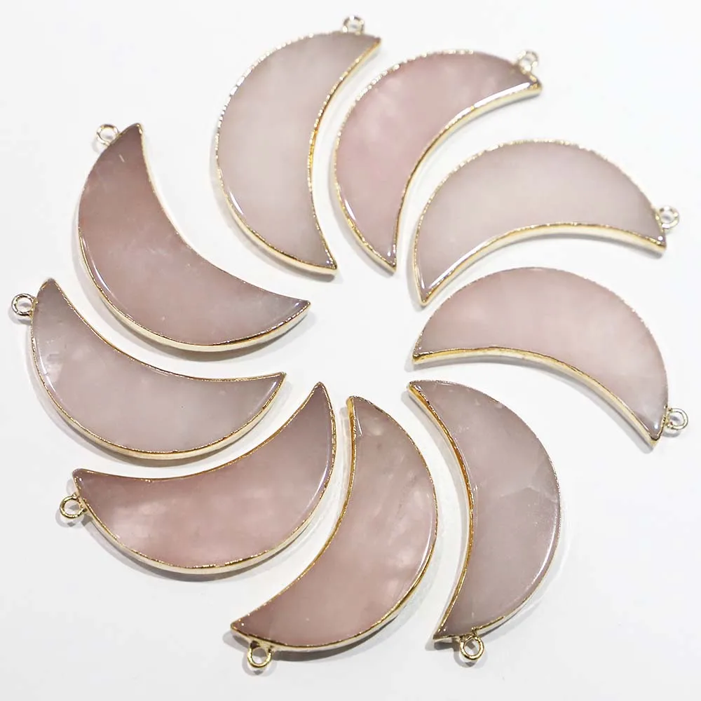 

New Natural Stone Rose Quartz Crescent Moon Necklace Pendant Gilt Edge Reiki Charms Making DIY Jewelry Accessorie Wholesale 6Pcs