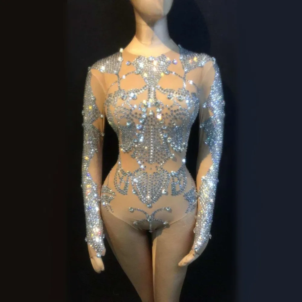 

Sexy Rhinestones Bodysuit Elastic Nude Crystal Pole Dance Leotard Women Nightclub Party Performance Jumpsuit Outfit Stage Wear